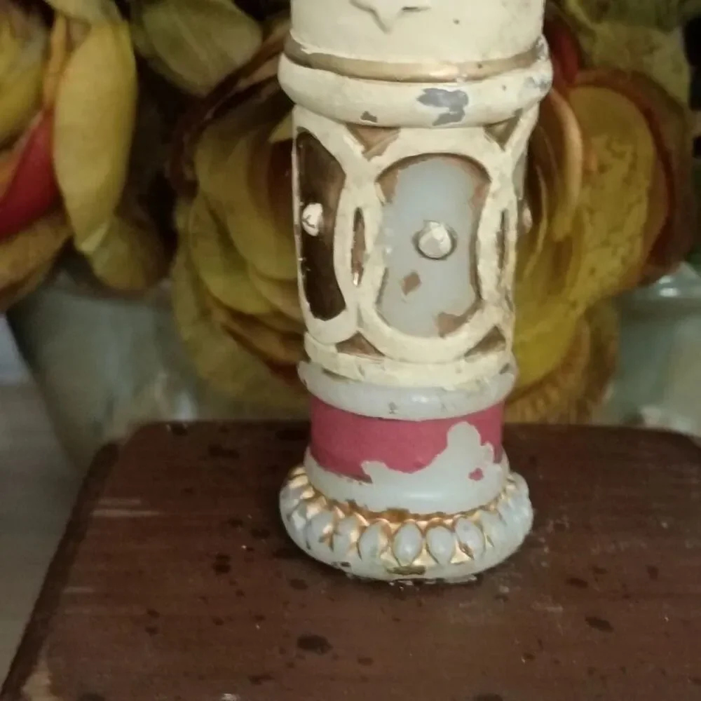 Vintage Carved Winter Angel Candle on Wooden Candlestick Holder Decoration